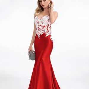 Red Satin Long Prom Dress with lace details
